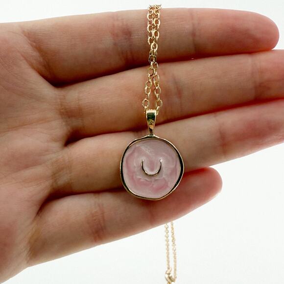 Pink U Gold-Colored Coin Necklace, Round Pendant, Chain Minimalist Jewelry - Picture 3 of 3